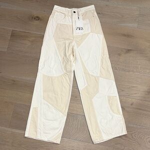 Zara Two-Tone Patchwork Jeans in Cream and Beige
